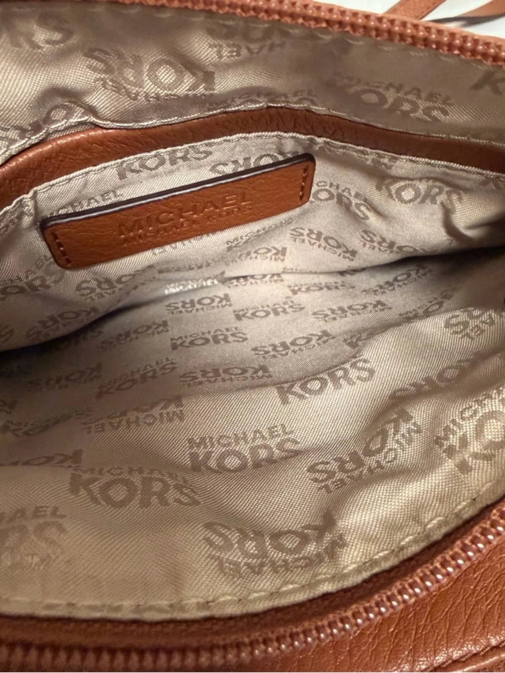 Michael Kors Tan Pebbled Leather Crossbody with Gold MK Emblem